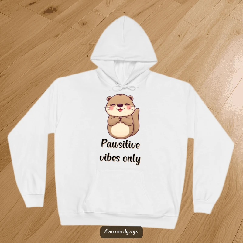 Funny Otter Hoodie showing a joyful otter floating on its back with paws together, exuding cozy happiness and warmth.