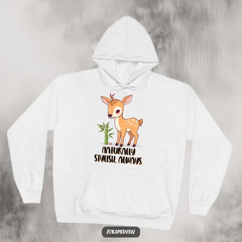 Funny hoodie depicting a sweet deer calmly standing by a delicate bamboo shoot, offering warm, humorous comfort and a touch of nature.