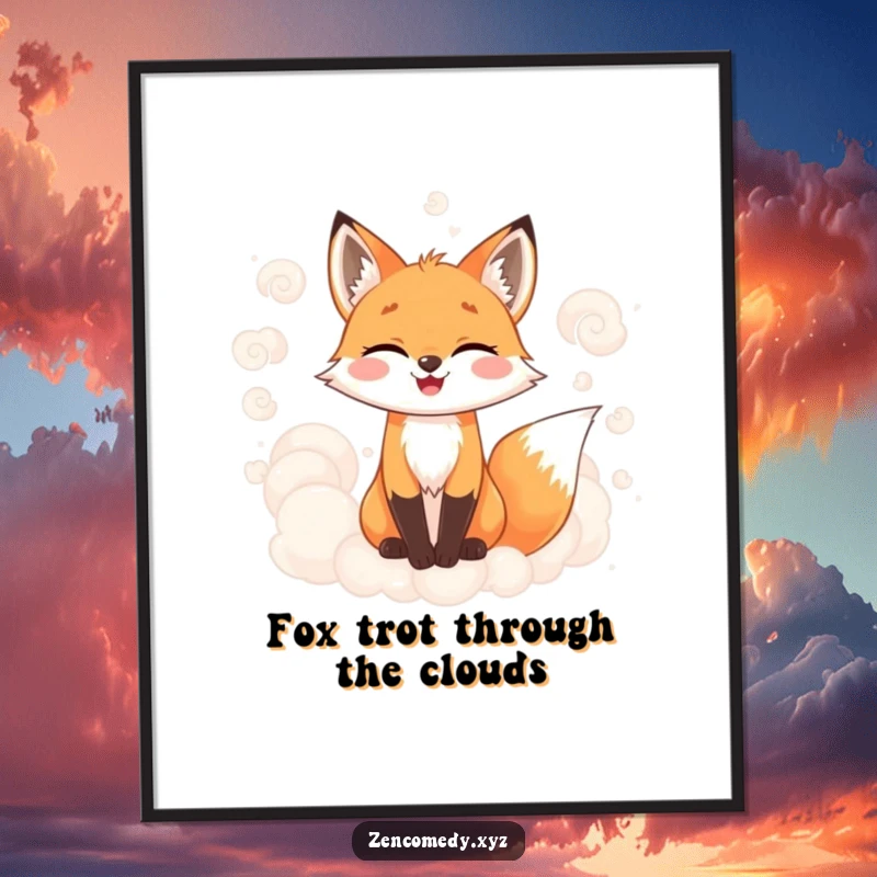 Funny Free Printable Wall Art: A joyful fox blends into soft, swirling, misty clouds, creating a mystical and funny decorative piece.