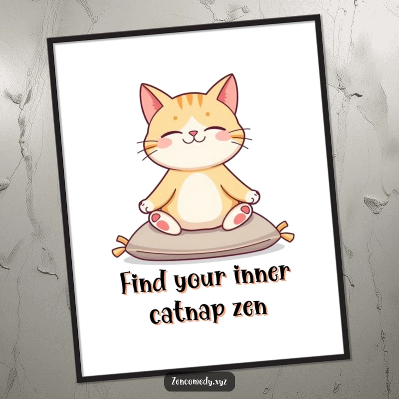 Calm Free Printable Wall Art: A contented cat sits serenely on a cushion, embodying a peaceful yoga pose.
