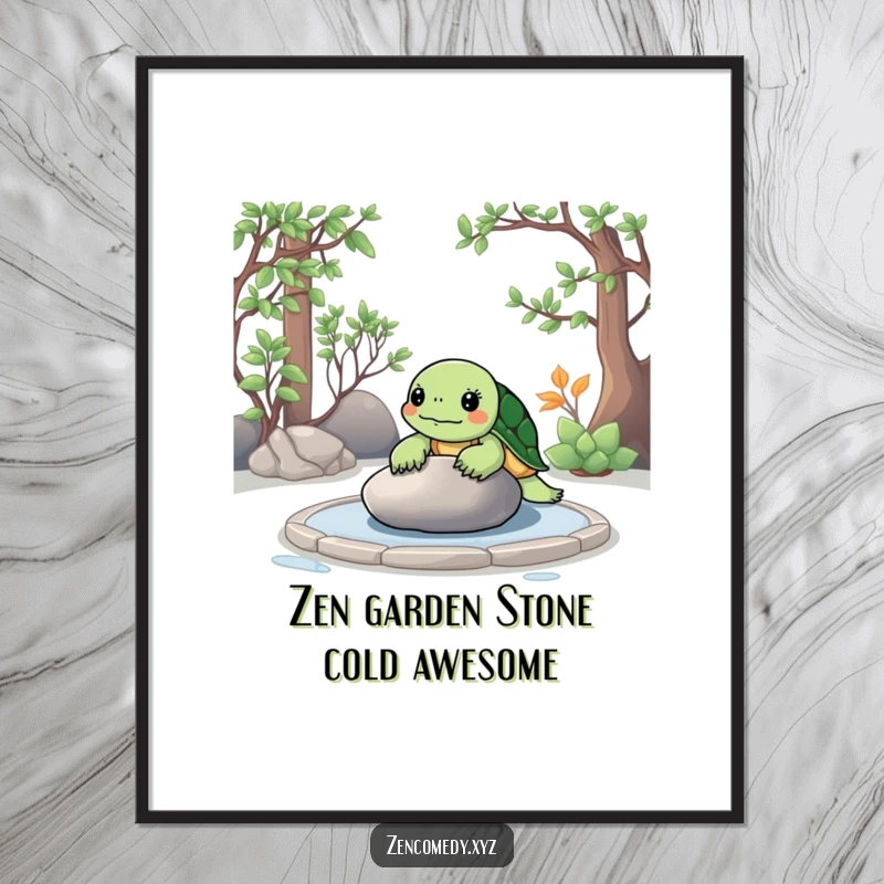 Funny free printable wall art of a serene turtle contemplating a smooth stone in a zen garden setting.