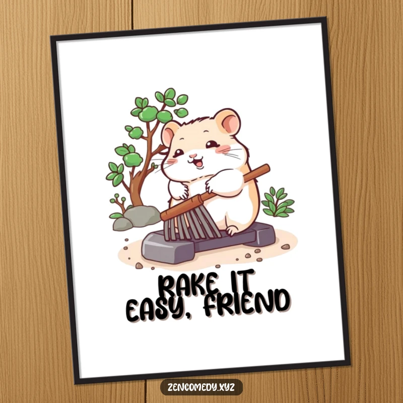 Funny Free Printable Wall Art: A bouncing hamster peacefully rolling a zen garden rake, creating a vibe of calm humor.