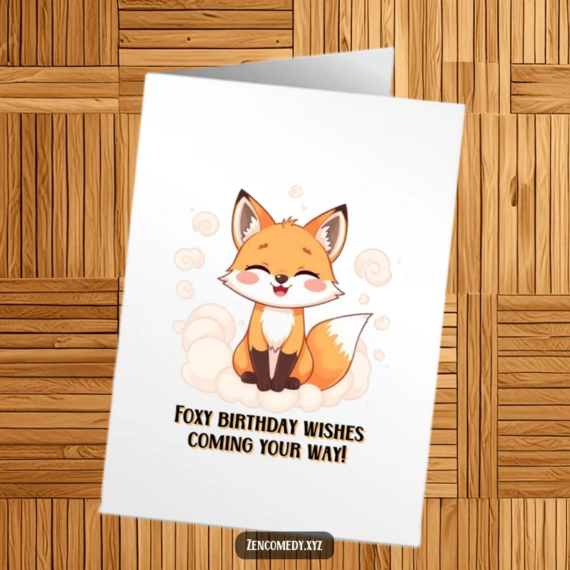 Funny Free Printable Birthday Card: A joyful fox peeking through soft, swirling, misty clouds, sending happy birthday vibes.