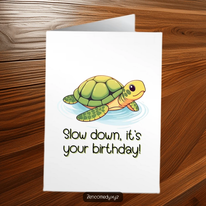 Funny Free Printable Birthday Card: A brave turtle glides slowly through a shimmering pool, wishing a happy birthday with a smirk.
