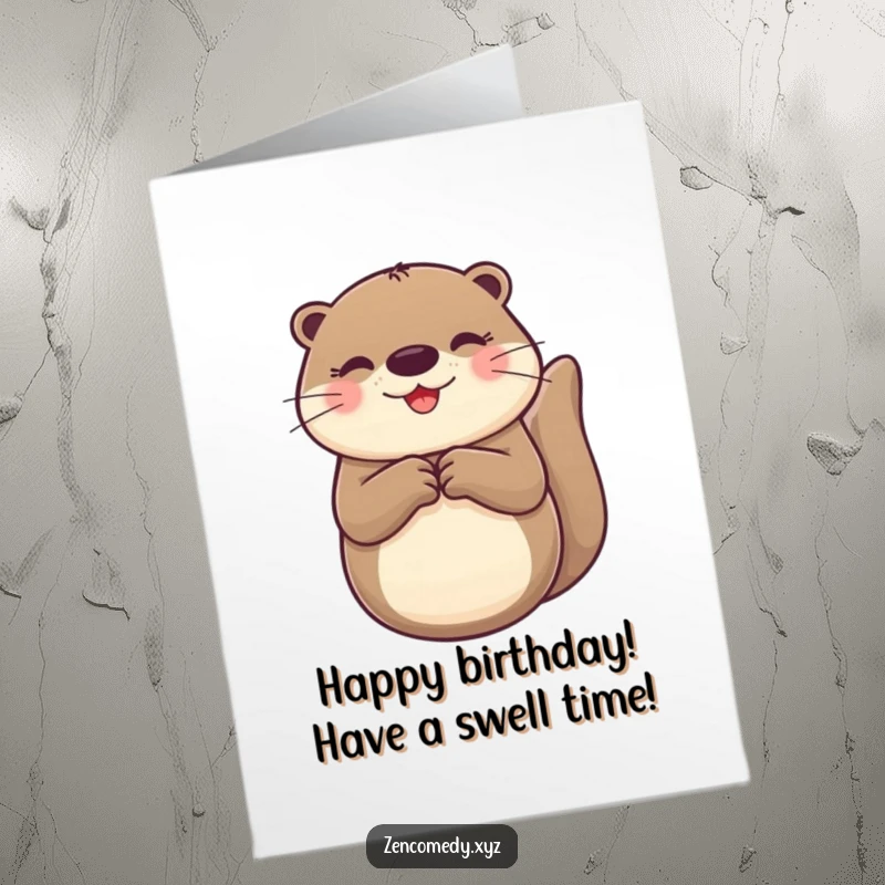 Funny free printable birthday card featuring a happy otter floating on its back with paws clasped.