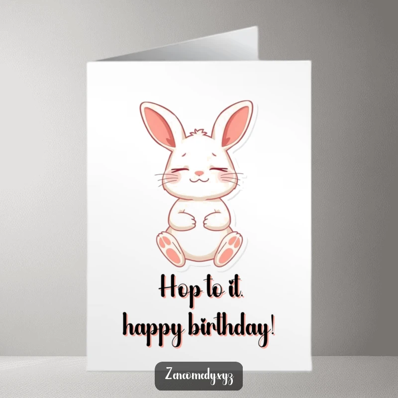Calm Free Printable Birthday Card: Playful rabbit in a meditative stance closes its eyes peacefully, sending birthday wishes.