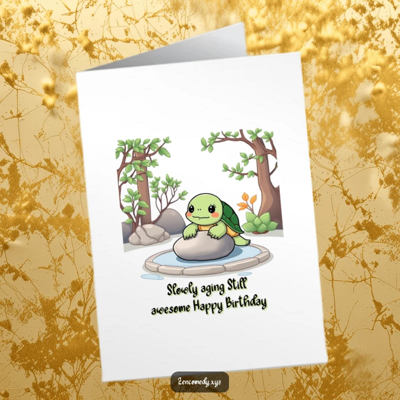 Funny free printable birthday card featuring a zen turtle meditating beside a smooth stone in a garden.