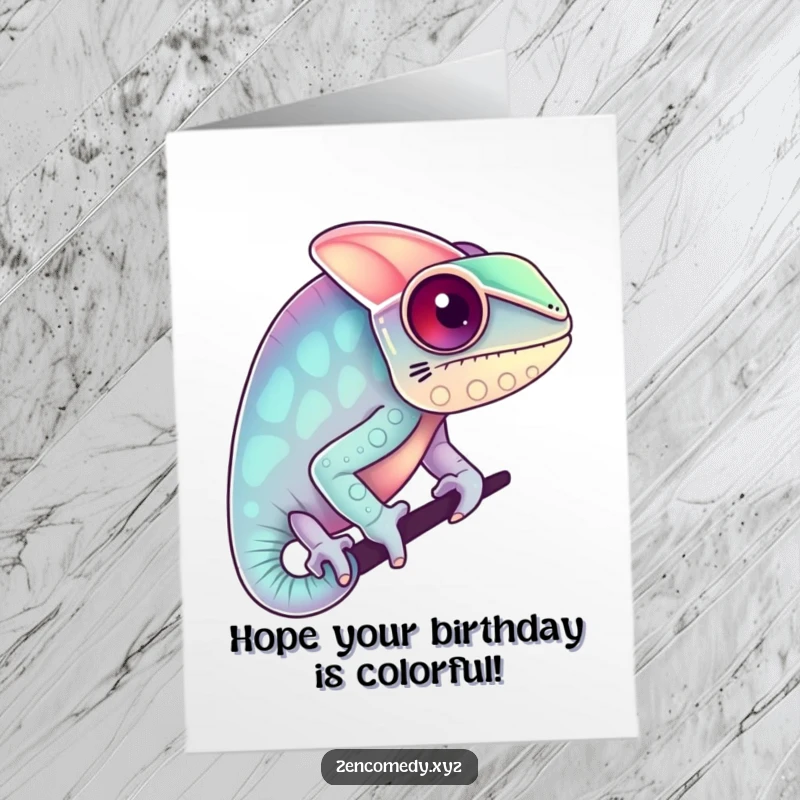 Funny Free Printable Birthday Card: A whimsical chameleon changes colors, blending playfully while wishing a happy birthday.