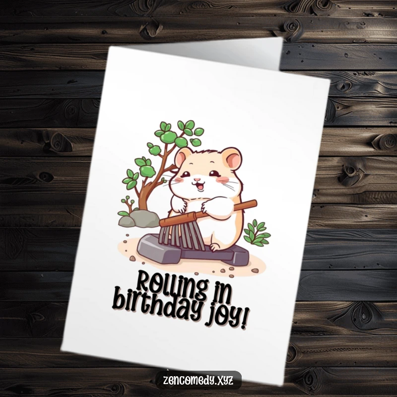Funny Free Printable Birthday Card: A bouncing hamster calmly rolling a zen garden rake, perfectly balancing birthday wishes.
