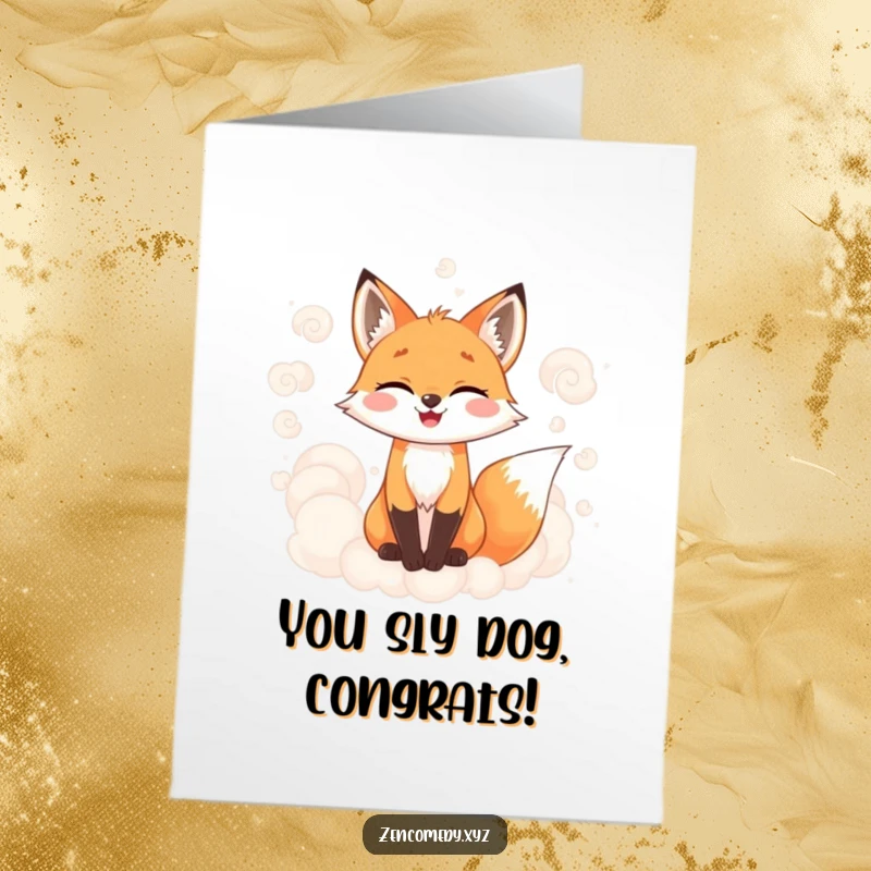 Funny Free Printable Congratulations Card: A joyful fox nestled within soft, swirling, misty clouds, celebrating a wonderful achievement.