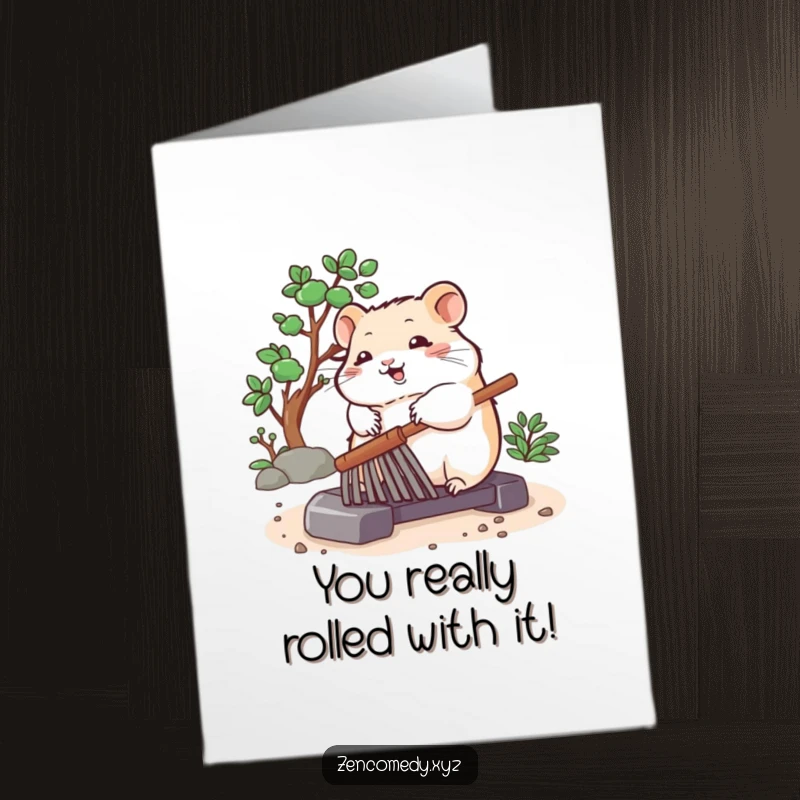 Funny Free Printable Congratulations Card: A bouncing hamster peacefully rolling a zen garden rake, symbolizing calm achievement.