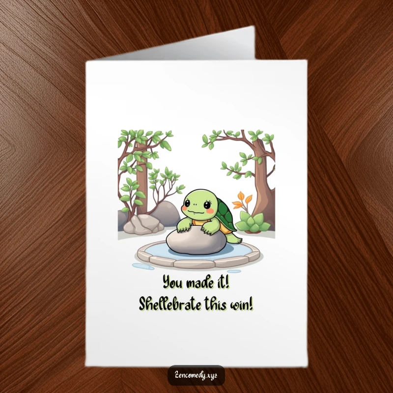 Funny free printable congratulations card showing a relaxed turtle contemplating a stone in a zen garden.