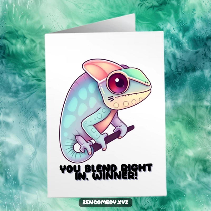 Funny Free Printable Congratulations Card: A whimsical chameleon showcases its blending ability, representing successful adaptation and achievement.