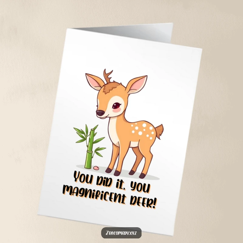 Funny Free Printable Congratulations Card: A serene deer offers a delicate bamboo shoot, symbolizing calm success and good wishes.