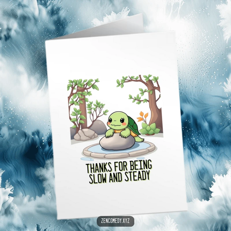 Funny free printable thank you card with a zen turtle meditating on a rock in a garden.