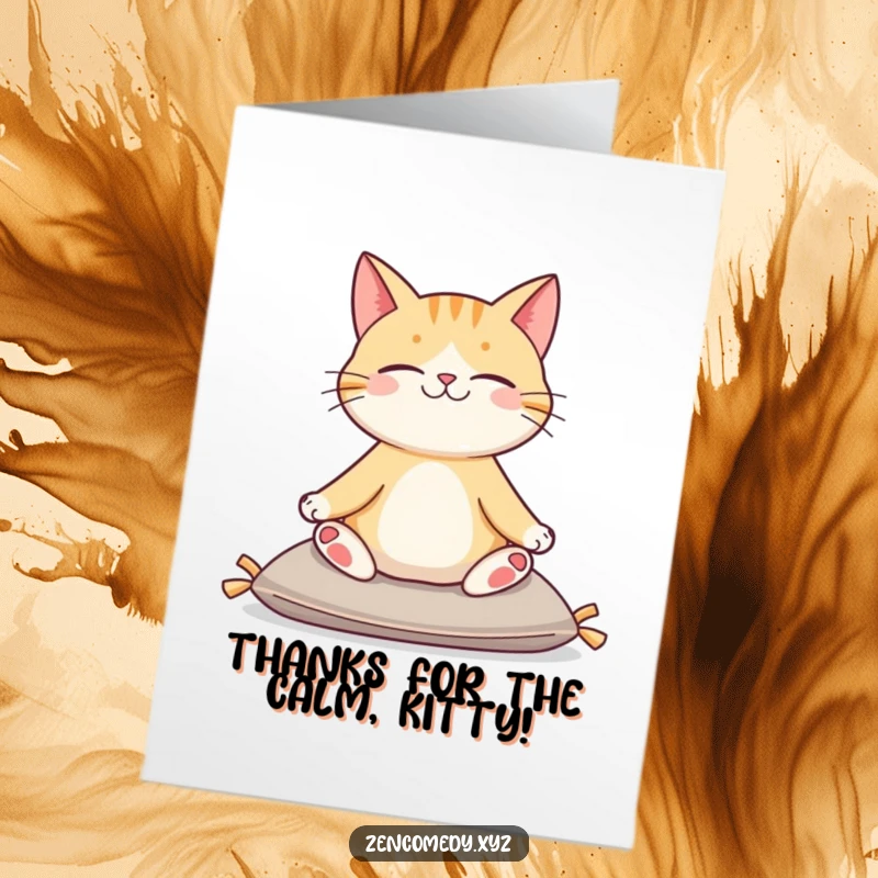 Calm Free Printable Thank You Card: Contented cat in a serene yoga pose on a cushion, offering thanks.