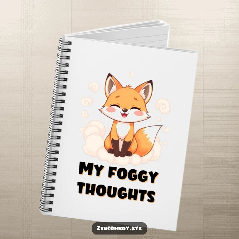 Funny notebook featuring a joyful fox surrounded by soft, swirling, misty clouds, perfect for note-taking and creative journaling with a magical theme.