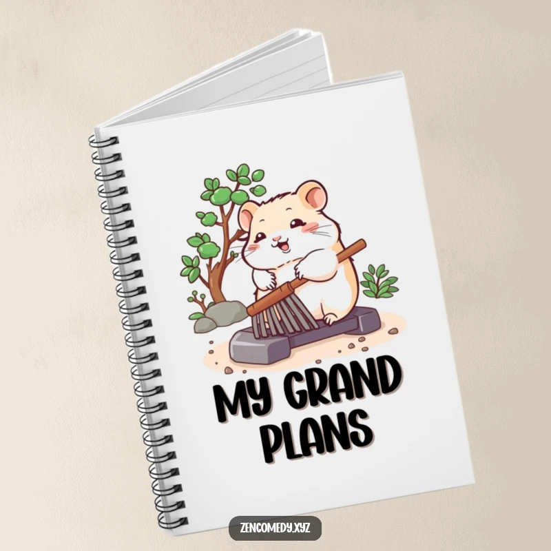 Funny notebook featuring a bouncing hamster peacefully rolling a zen garden rake, perfect for note-taking and peaceful journaling.