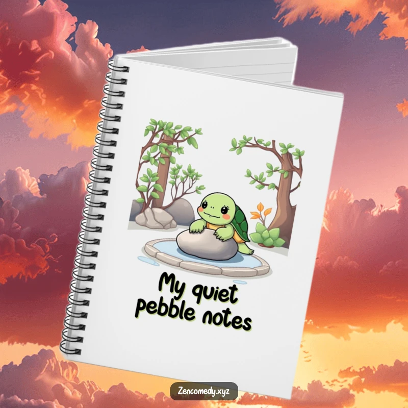 Funny Zen Turtle Notebook displaying a calm turtle meditating in a zen garden, contemplating a smooth stone for note-taking.