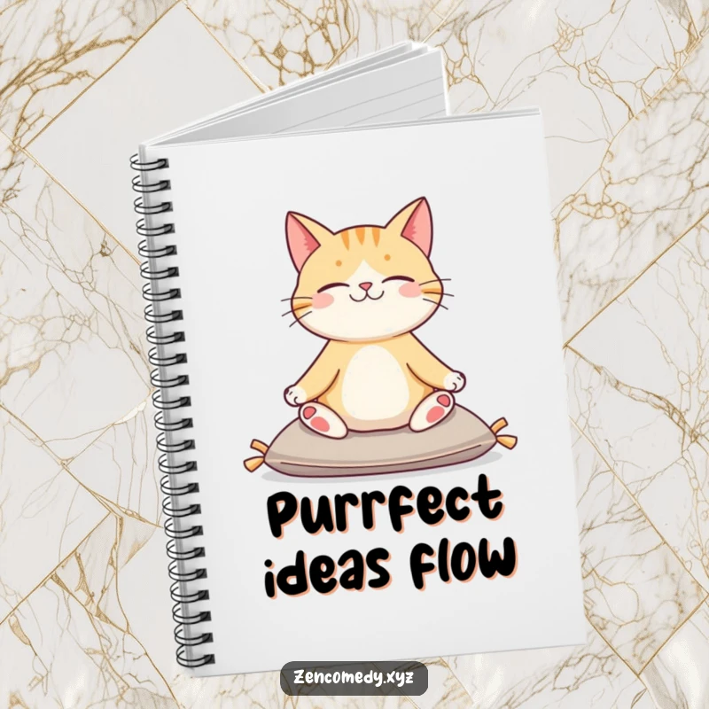 Funny notebook with a content cat sitting serenely on a cushion in a yoga pose, perfect for journaling and notes.