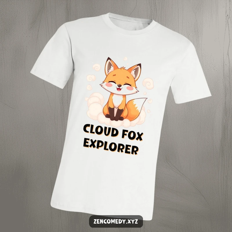 Funny t-shirt depicting a joyful fox surrounded by soft, swirling, misty clouds, representing enchantment and a whimsical spirit.