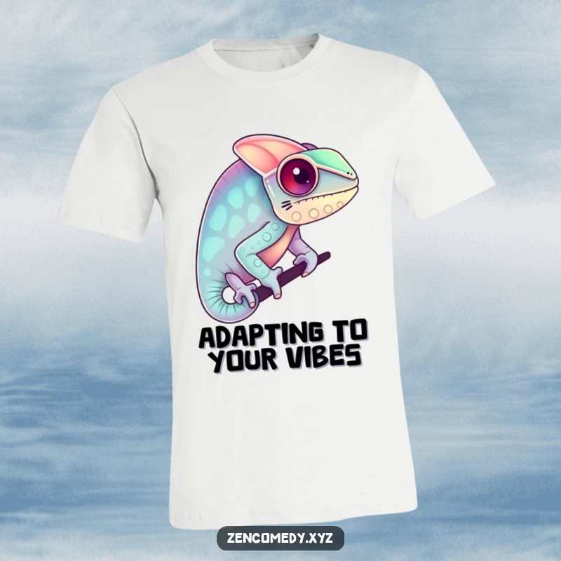 Funny T-Shirt with a chameleon beautifully blending into pastel colors, showcasing humorous adaptability and vibrant personality for everyday wear.