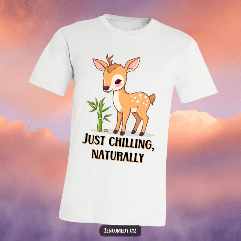 Funny T-Shirt with a sweet deer peacefully posing beside a bamboo shoot, showcasing a humorous blend of nature and calm for shirt lovers.