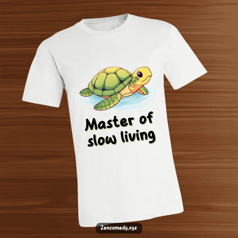 Funny T-Shirt depicting a brave turtle gracefully swimming in a tranquil pool, embodying slow, humorous perseverance for casual wear.