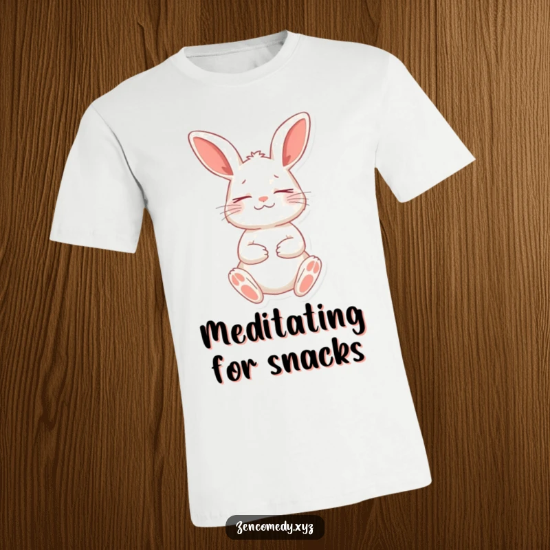 Funny t-shirt depicting a playful rabbit sitting peacefully in a meditative stance, embodying tranquility and humorous charm.
