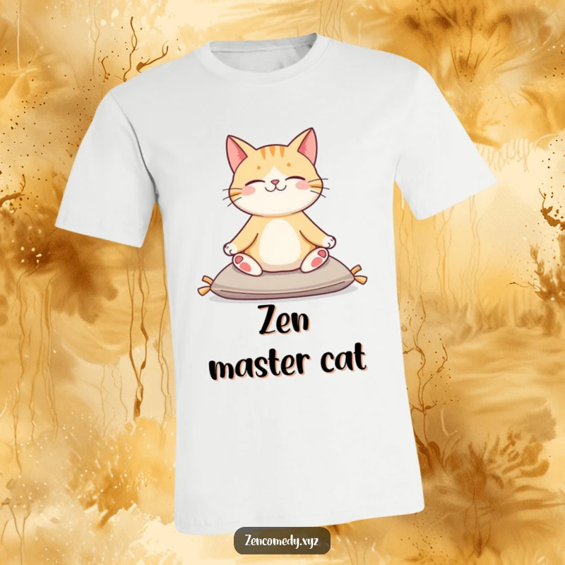 Funny t-shirt depicting a content cat sitting peacefully on a cushion in a yoga pose, embodying tranquility and humor.