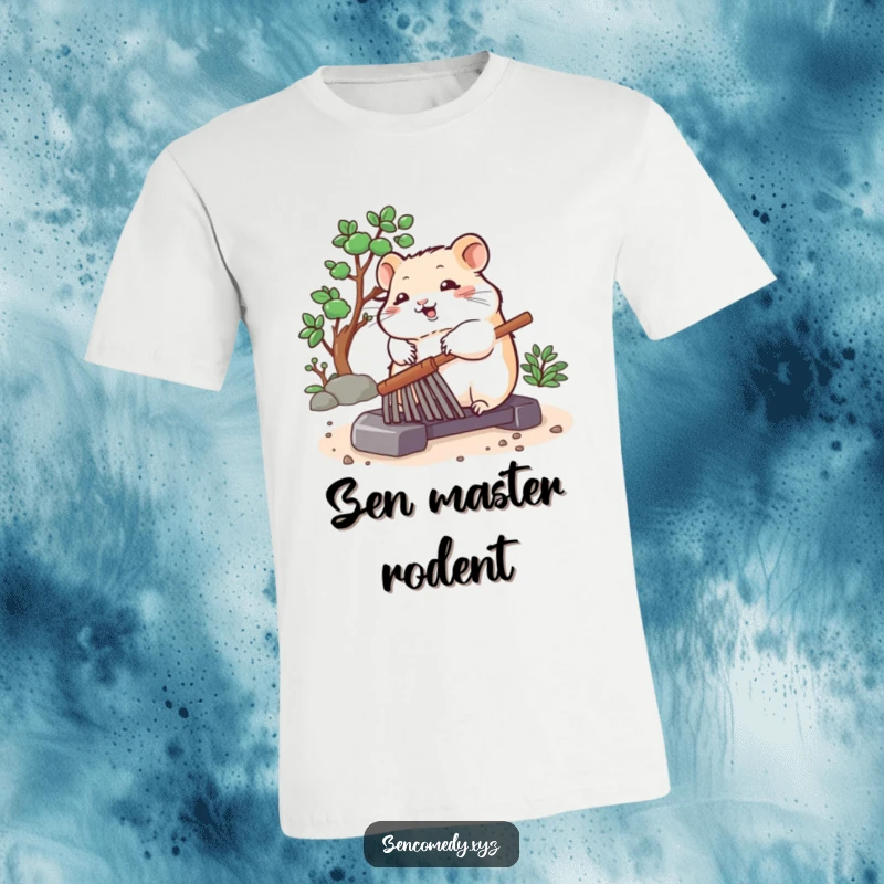 Funny t-shirt depicting a bouncing hamster peacefully rolling a zen garden rake, symbolizing tranquility and gentle fun.
