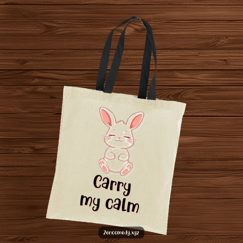 Funny tote bag with a playful rabbit in a meditative stance, eyes closed peacefully, perfect for carrying items with humor.