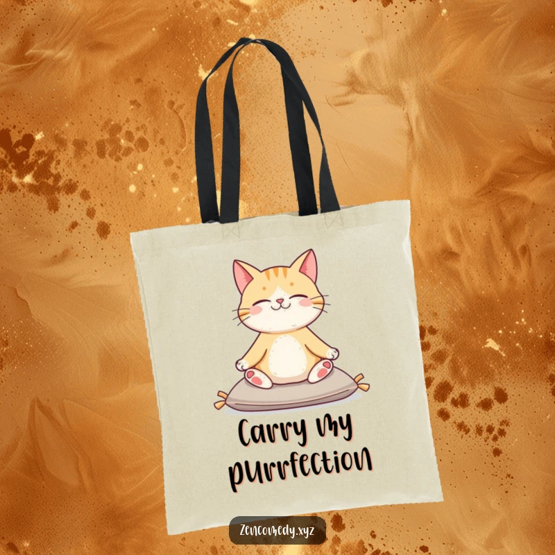 Funny tote bag with a content cat sitting serenely on a cushion in a yoga pose, perfect for carrying items with humor.