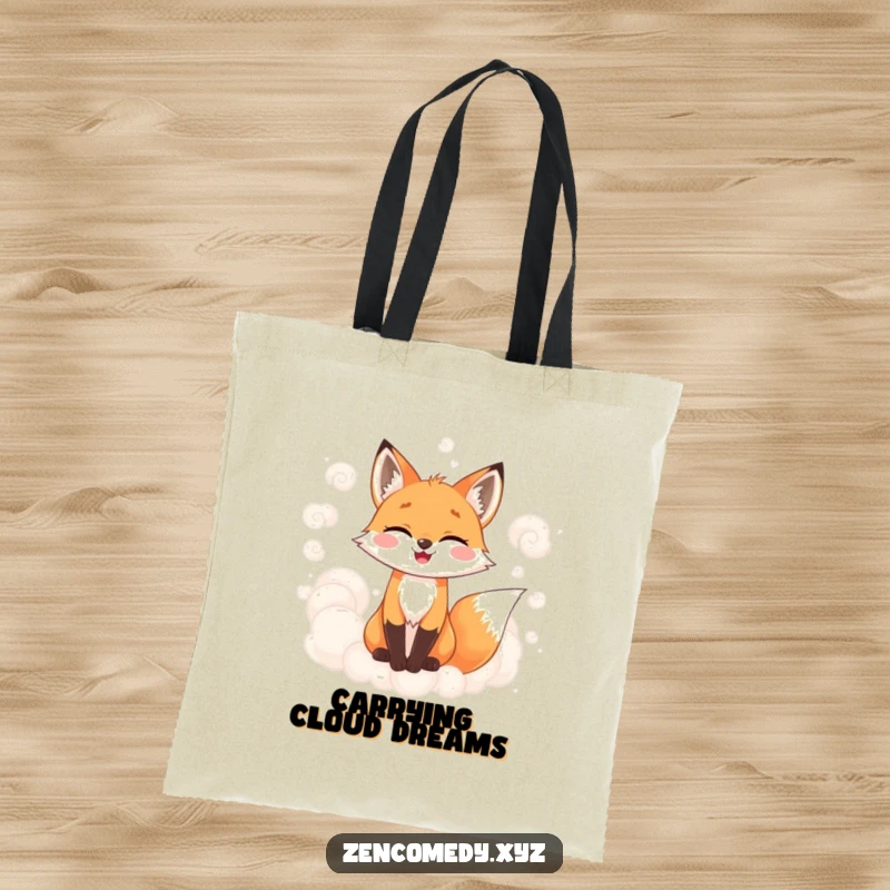 Funny tote bag with a joyful fox surrounded by soft, swirling, misty clouds, perfect for carrying items with a magical and humorous touch.