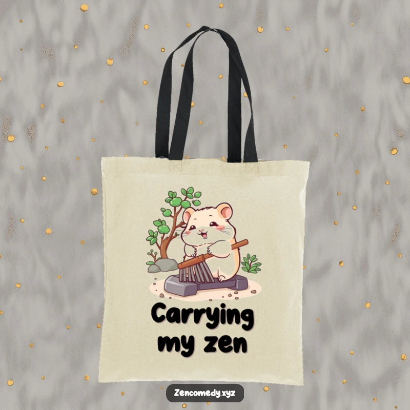 Funny tote bag with a bouncing hamster peacefully rolling a zen garden rake, perfect for carrying items with a serene and humorous touch.