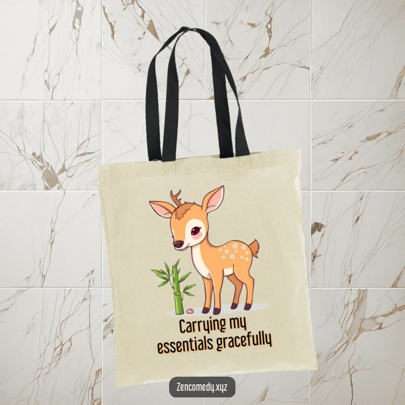 Funny tote bag showcasing a sweet deer next to a bamboo shoot, merging practical use with humorous, serene artwork for everyday carry.