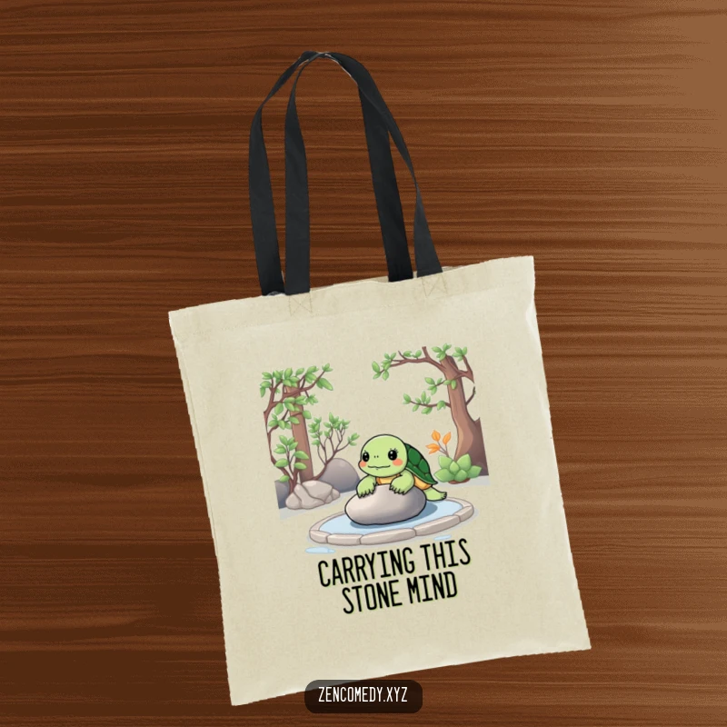 Funny Zen Turtle Tote Bag with a calm turtle meditating in a zen garden, contemplating a smooth stone for peaceful carrying.