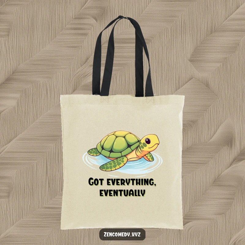 Funny tote bag with a brave turtle in a tranquil pool, blending humor and practicality for carrying essentials with a serene, slow vibe.