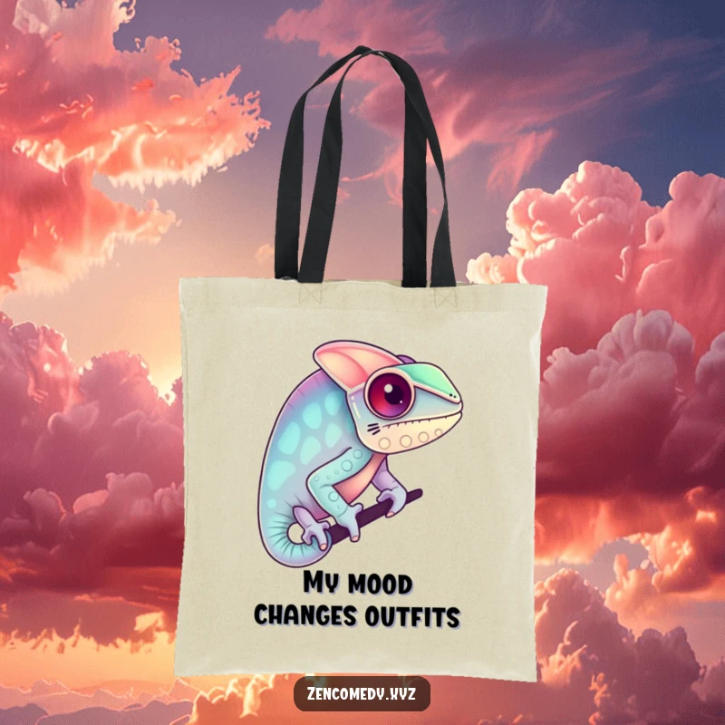 Funny tote bag featuring a chameleon blending into pastel colors, merging humor and practicality for carrying essentials with vibrant, artistic flair.